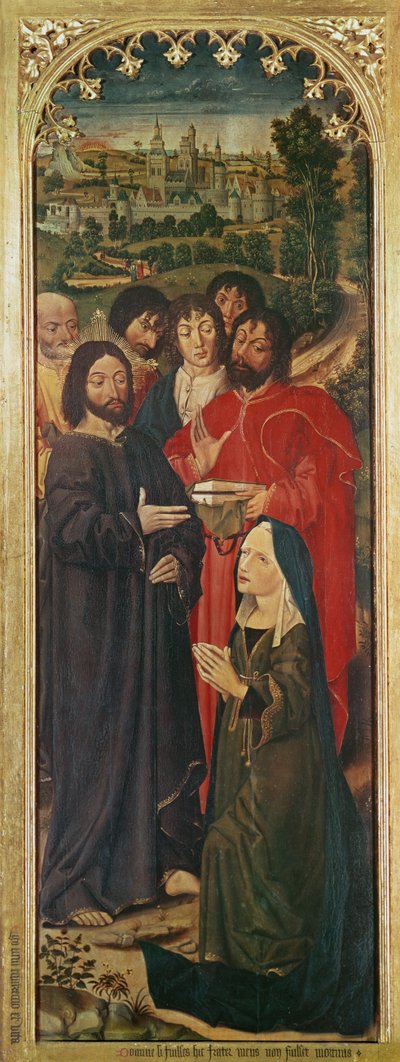 De Opstanding van Lazarus Drieluik, linker paneel van Martha knielend voor Christus, 1461 door Nicolas Froment